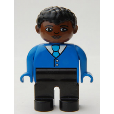 duplo figure male black legs blue top with buttons and tie black curly hair brown head