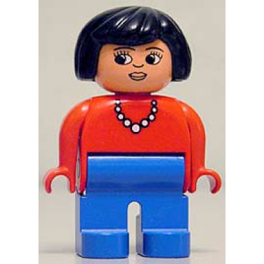 duplo figure female blue legs red top with necklace black hair
