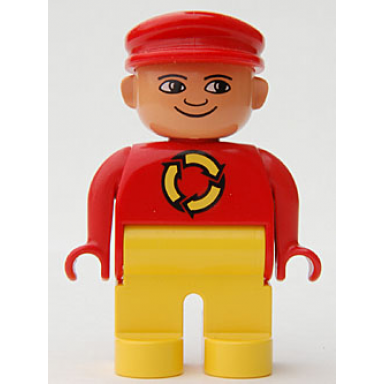 duplo figure male yellow legs red top with recycle logo red cap turned down nose