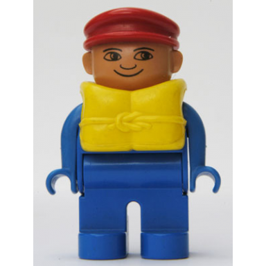 duplo figure male blue legs blue top life jacket red cap no white in eyes pattern