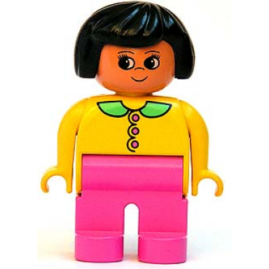 duplo figure female dark pink legs yellow top with dark pink buttons medium green collar black hair