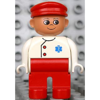 duplo figure doctor medic - male adult man red legs white top with buttons and emt star of life pattern red cap nougat head
