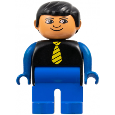 duplo figure male blue legs black top with yellow tie blue arms black hair white in eyes
