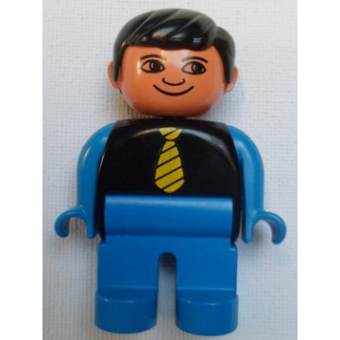 duplo figure male blue legs black top with yellow tie blue arms black hair