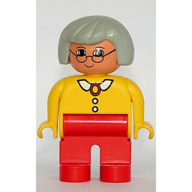 duplo figure female red legs yellow blouse with white collar and 2 buttons gray hair glasses