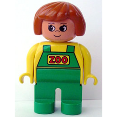 duplo figure female zoo green legs yellow top with green overalls dark orange hair zoo keeper