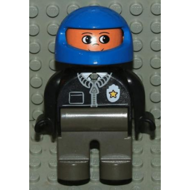 duplo figure male police dark gray legs black top with zipper tie and badge blue racing helmet