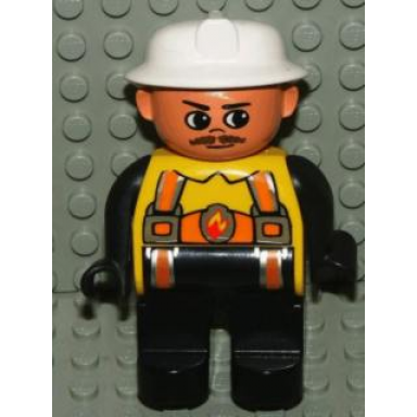 duplo figure male fireman black legs yellow top with flame and orange suspenders white fire helmet moustache