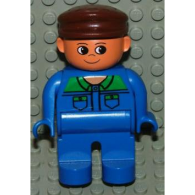 duplo figure male blue legs blue top with green collar and pocket tabs brown cap