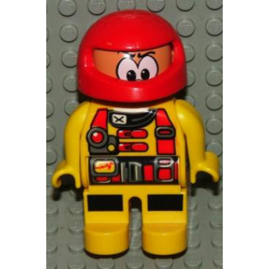 duplo figure male action wheeler yellow legs yellow top with racer pattern red racing helmet
