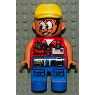 duplo figure male action wheeler blue legs with belt pockets red vest with wrench id yellow cap