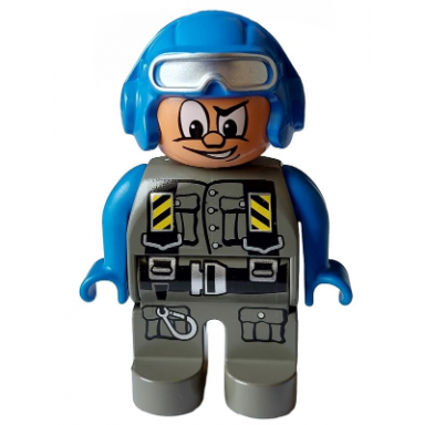 duplo figure male action wheeler dark gray legs dark gray jumpsuit blue arms blue aviator helmet with goggles