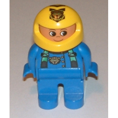 duplo figure male blue legs blue top with green suspenders and tiger logo yellow helmet with tiger