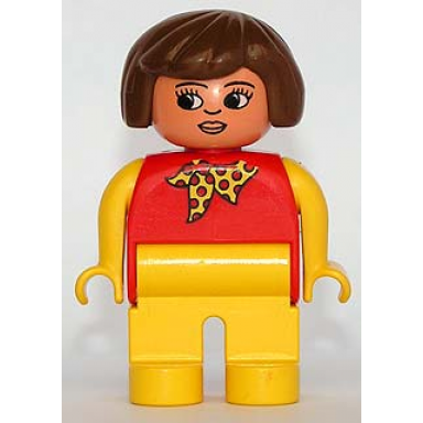 duplo figure female yellow legs red top with yellow polka dot scarf yellow arms brown hair nose and lips white in eyes