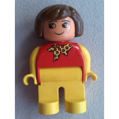 duplo figure female yellow legs red top with yellow polka dot scarf yellow arms brown hair grin
