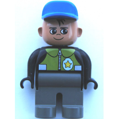 duplo figure male police dark gray legs black top with pale green vest and police badge blue cap