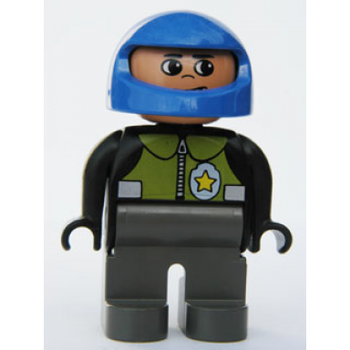 duplo figure male police dark gray legs black top with pale green vest and police badge blue helmet