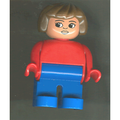 duplo figure female blue legs red top brown hair eyelashes smile with lips