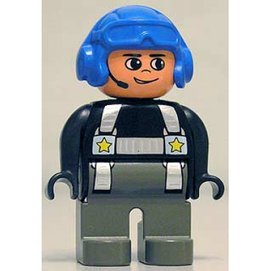 duplo figure male police dark gray legs black top with silver harness and yellow stars headset blue aviator helmet