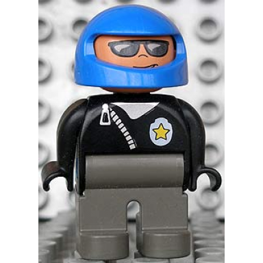duplo figure male police dark gray legs black top zippered jacket and police badge blue helmet