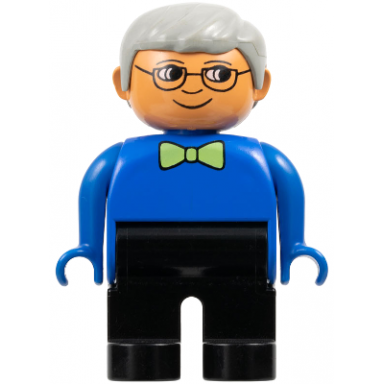 duplo figure male black legs blue top with green bow tie gray hair glasses