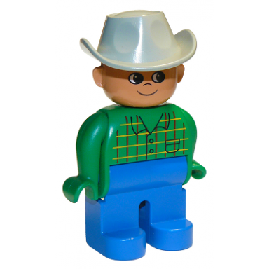 duplo figure male blue legs green top with pocket light gray cowboy hat