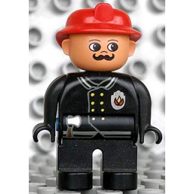 duplo figure male fireman black legs black top with flame logo red fire helmet moustache