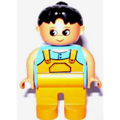 duplo figure female medium orange legs medium blue top with overalls black hair