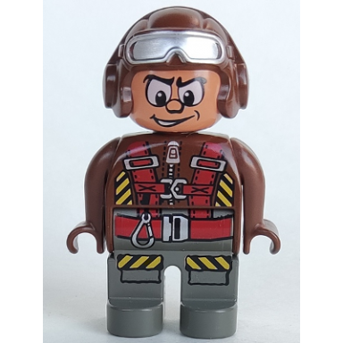duplo figure male action wheeler dark gray legs brown top with parachute straps brown helmet with goggles