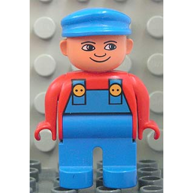 duplo figure male blue legs red top with blue overalls blue cap turned down nose