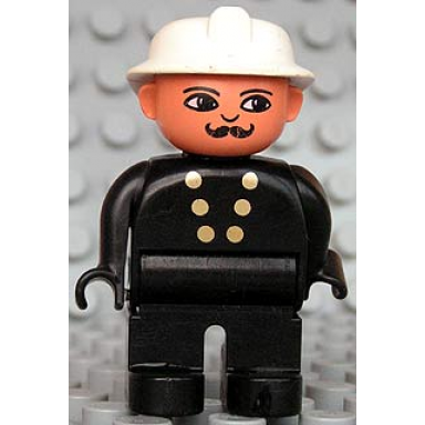 duplo figure male fireman black legs black top with 6 gold buttons white fire helmet moustache