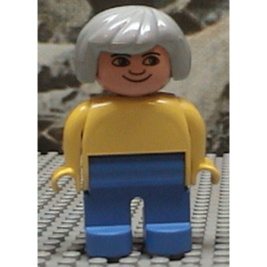 duplo figure female blue legs yellow blouse gray hair