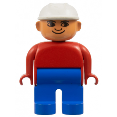 duplo figure male blue legs red top white construction hat