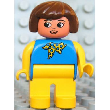 duplo figure female yellow legs blue top with yellow and blue polka dot scarf yellow arms brown hair