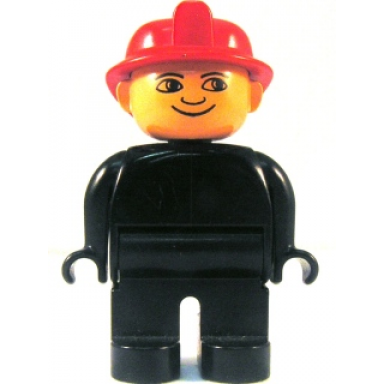 duplo figure male fireman black legs black top no buttons red fire helmet no white in eyes pattern