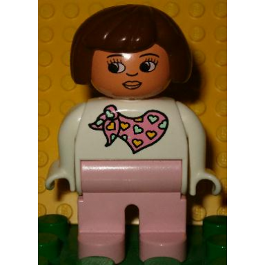 duplo figure female pink legs white top with pink scarf with hearts pattern brown hair