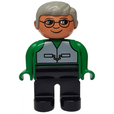 duplo figure male black legs green top with vest gray hair glasses