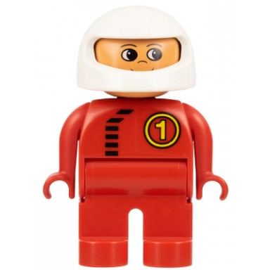 duplo figure male red legs red top with black zipper and racer 1 white helmet