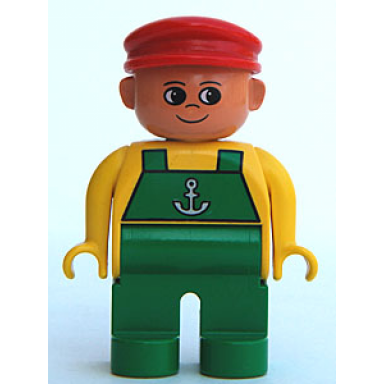 duplo figure male green legs yellow top with green overalls and anchor red cap