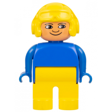 duplo figure male yellow legs blue top aviator helmet yellow
