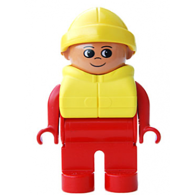 duplo figure male red legs red top life jacket yellow rain hat