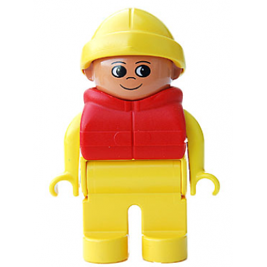 duplo figure male yellow legs yellow top life jacket red yellow rain hat