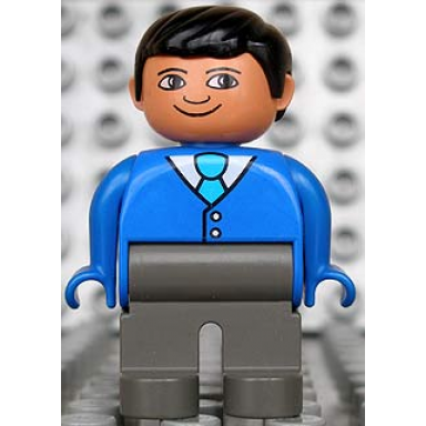 duplo figure male dark gray legs blue top with 2 buttons and tie black hair
