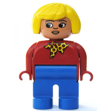 duplo figure female blue legs red top with yellow and red polka dot scarf yellow hair turned down nose