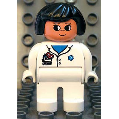 duplo figure female medic white legs white top with pocket and emt star of life pattern black hair