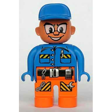 duplo figure male action wheeler orange legs with belt blue top with pen chain radio and wrench blue cap