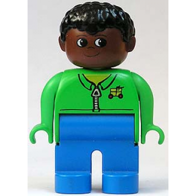 duplo figure male blue legs green zippered jacket black curly hair brown head