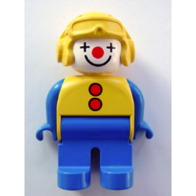 duplo figure male clown blue legs yellow aviator helmet