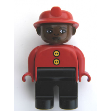 duplo figure male fireman black legs red top with two buttons red fire helmet brown head