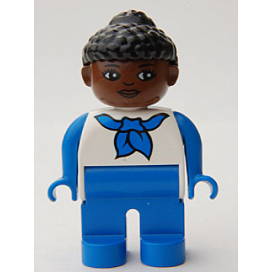 duplo figure female blue legs white top with blue sleeves and scarf black curly hair in bun brown head